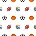 Volleyball, soccer ball, american football or rugby and basketball balls seamless pattern. Royalty Free Stock Photo